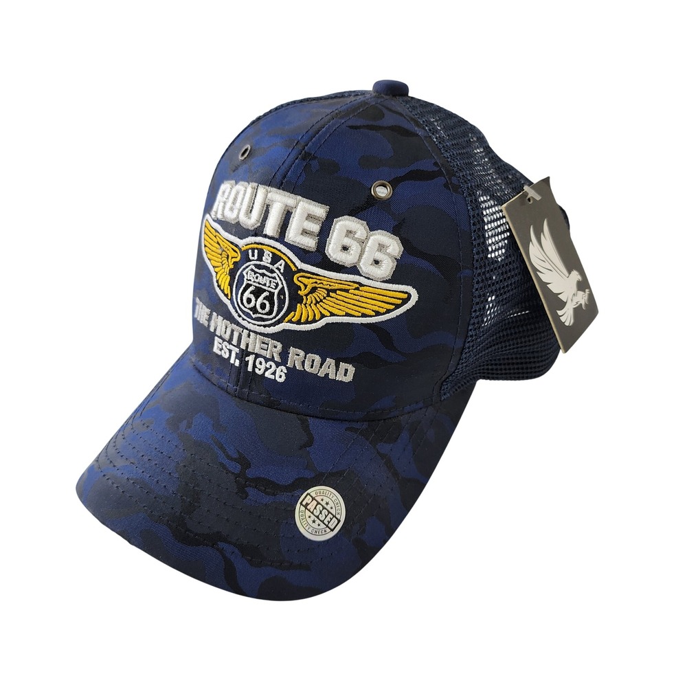 Route 66 The Mother Road Blue Camo‎ Trucker Hat Black Eagle Snapback NWT